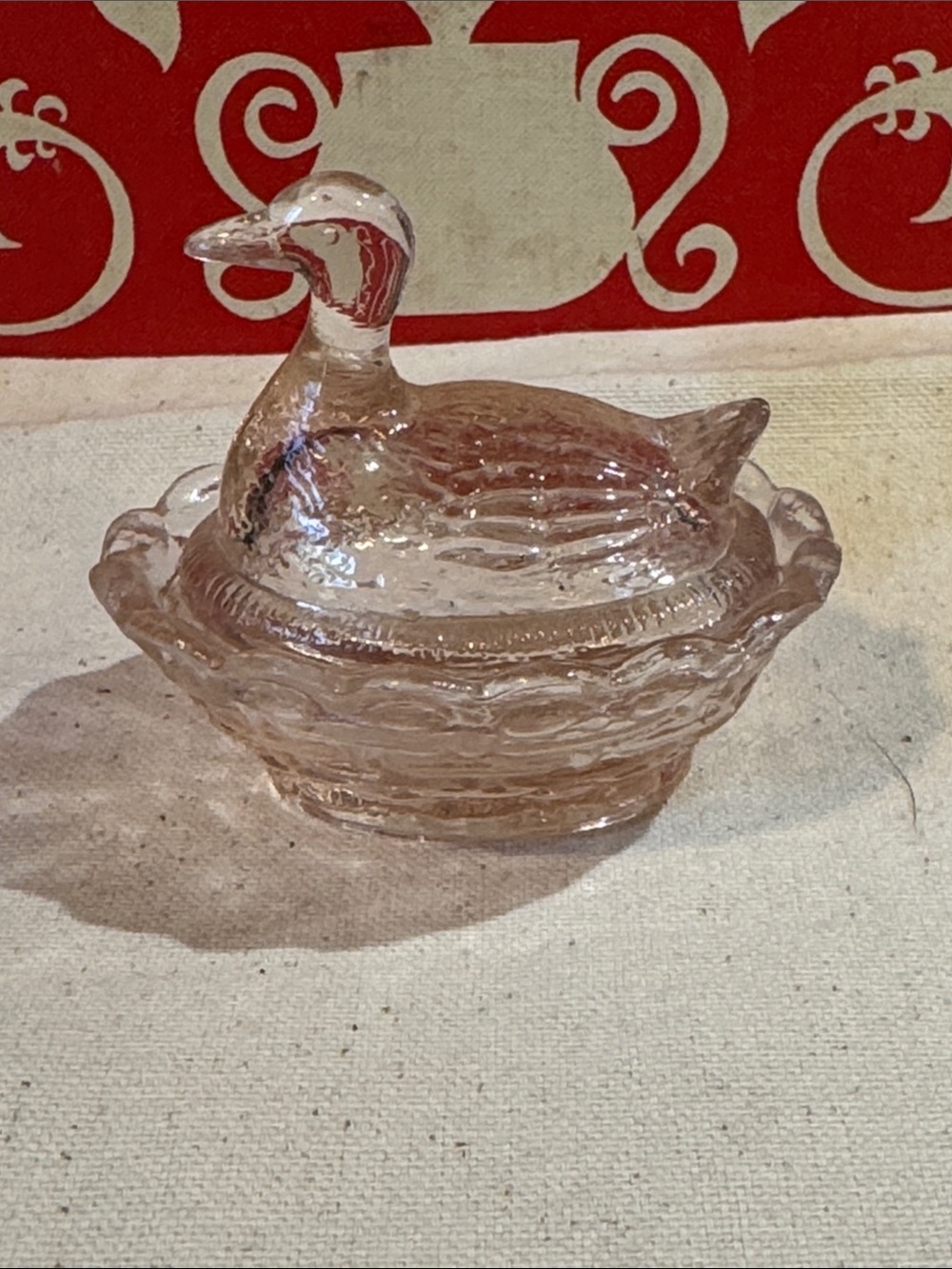 Vintage Pink Glass Duck on Nest